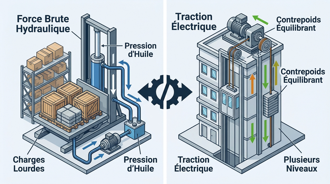 Comparaison technique entre un monte-charge hydraulique et un système électrique à câbles