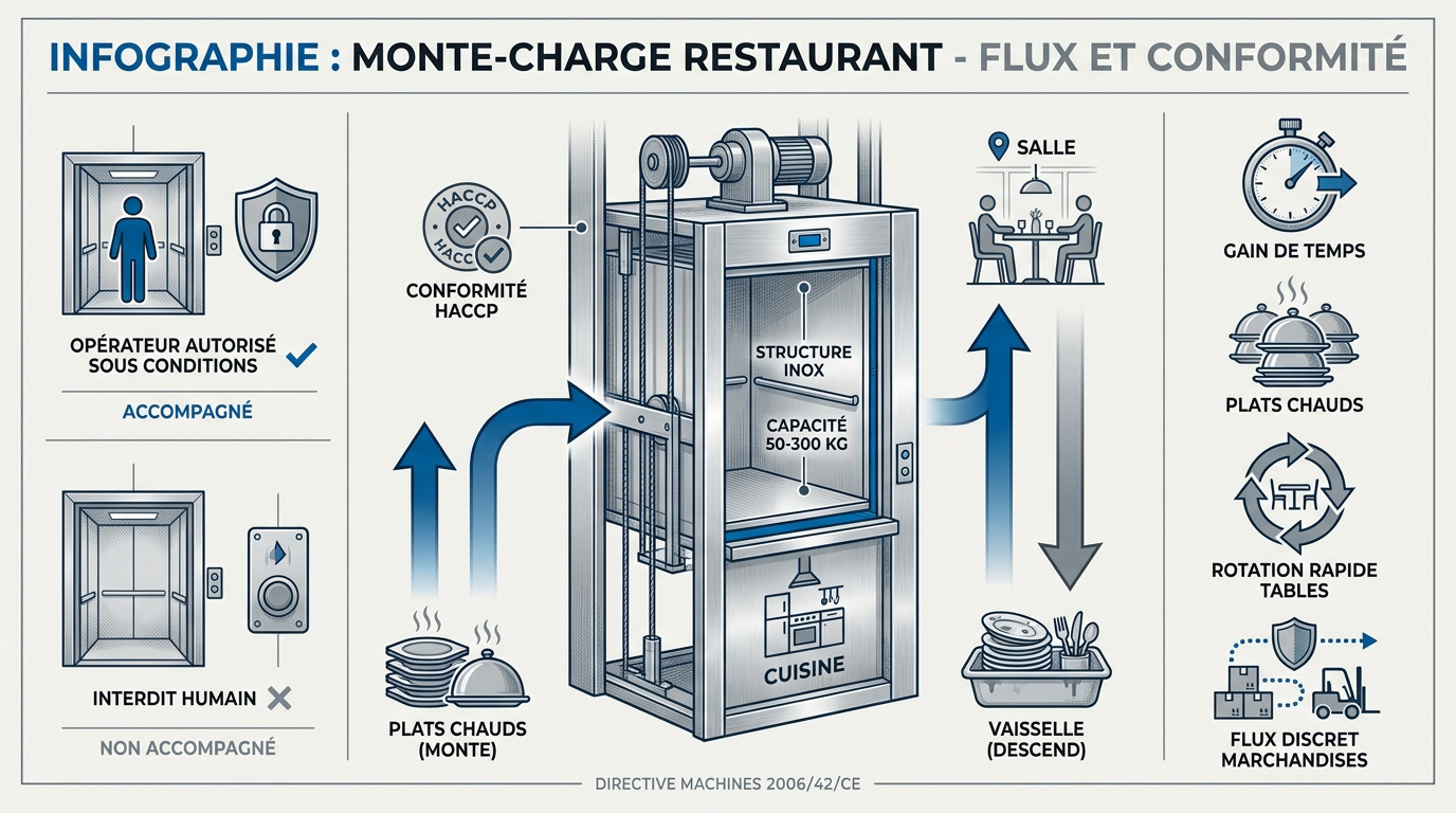 Infographie gestion des flux monte-charge restaurant