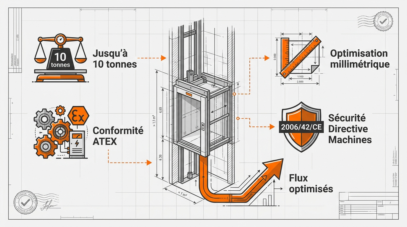 Infographie présentant les avantages de performance et de sécurité d'un monte-charge sur mesure